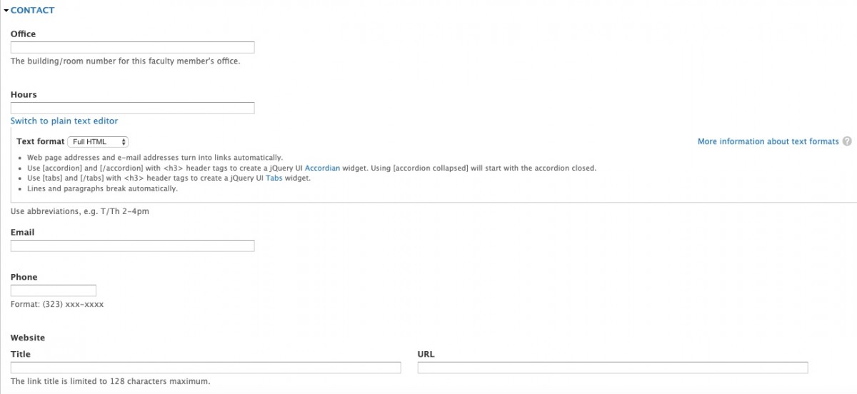 Screenshot of faculty contact fields