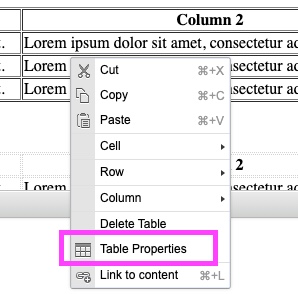 Editable table property selection