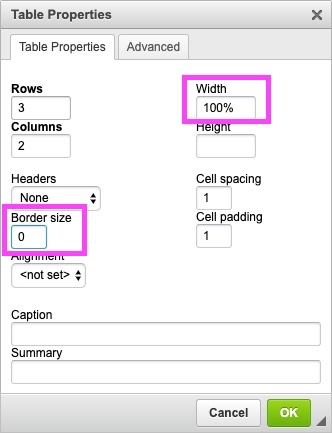 Instructions on editing Table width