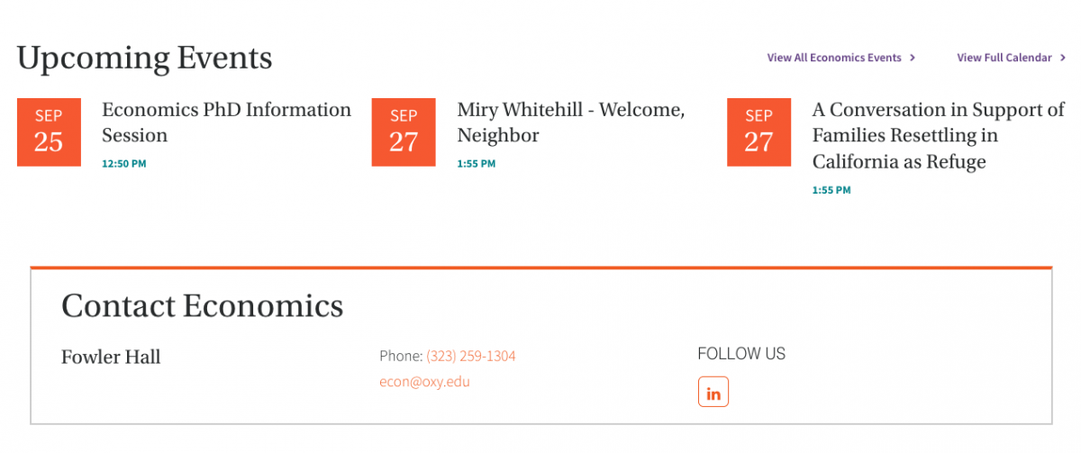 An Oxy website module showing the next three upcoming department events
