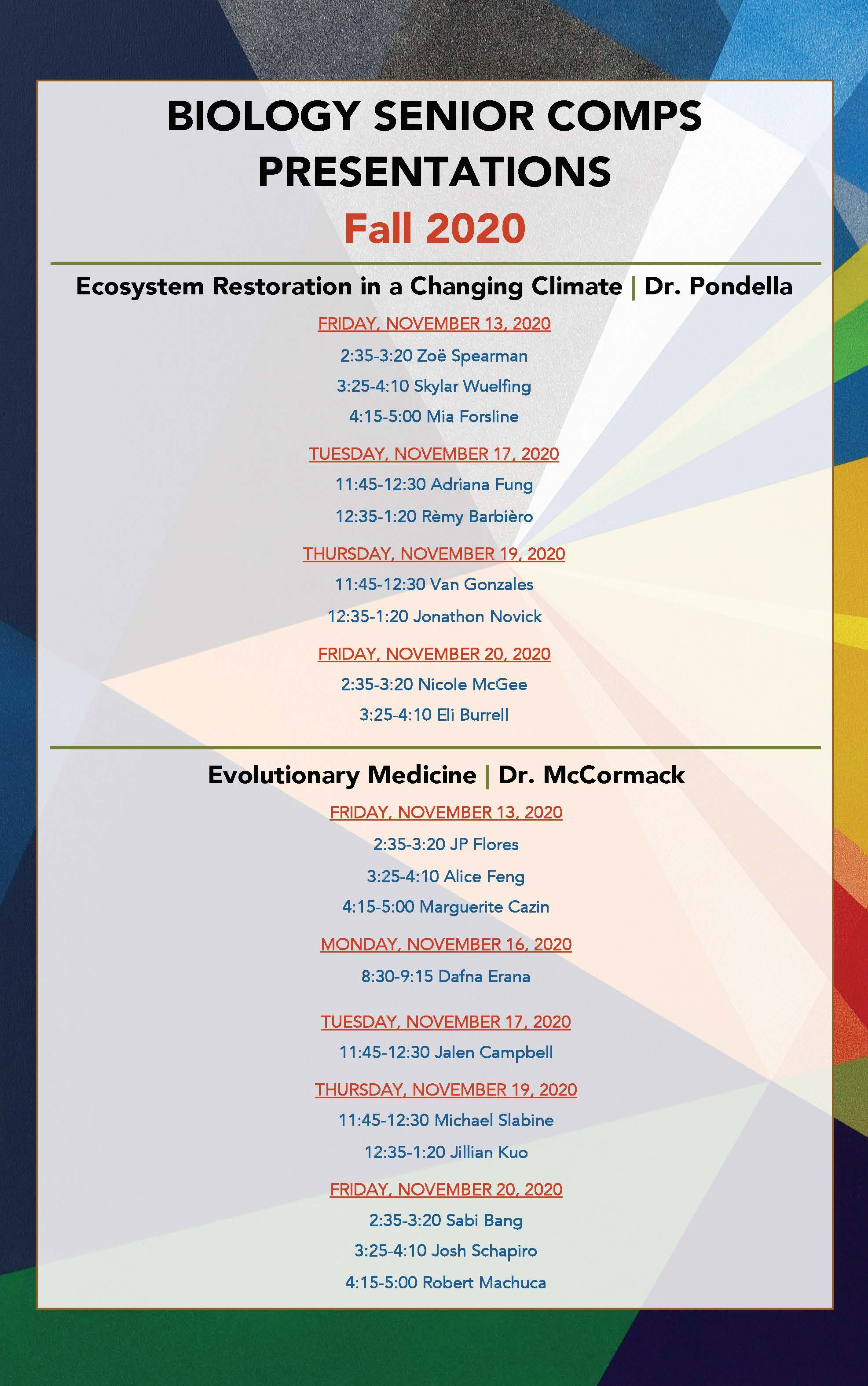 Fall 2020 Biology Senior Comps Schedule