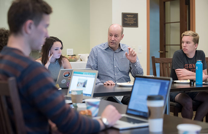 President Veitch with students at a New York Times roundtabl