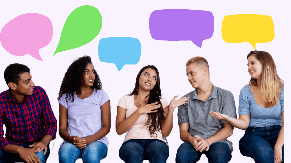 student sitting together with thought bubbles above their heads