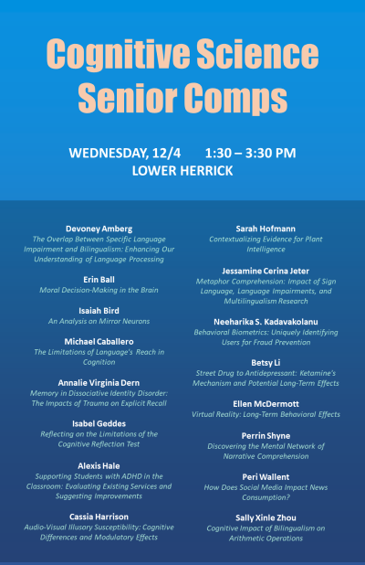 Event poster for Cognitive Science senior comps presentations