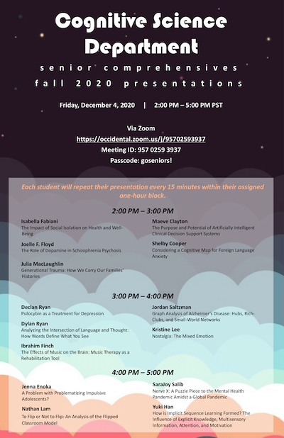 Event flyer for 2020 Cognitive Science Department senior comps presentations