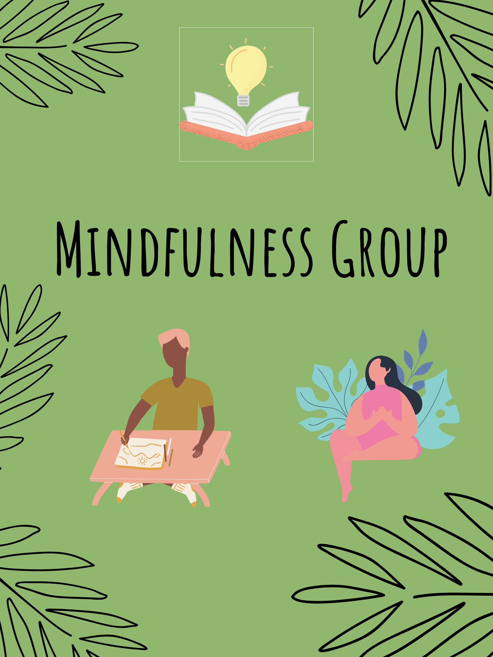 Mindfulness group Mindfulness group text with lightbulb, book, and two figures on green background