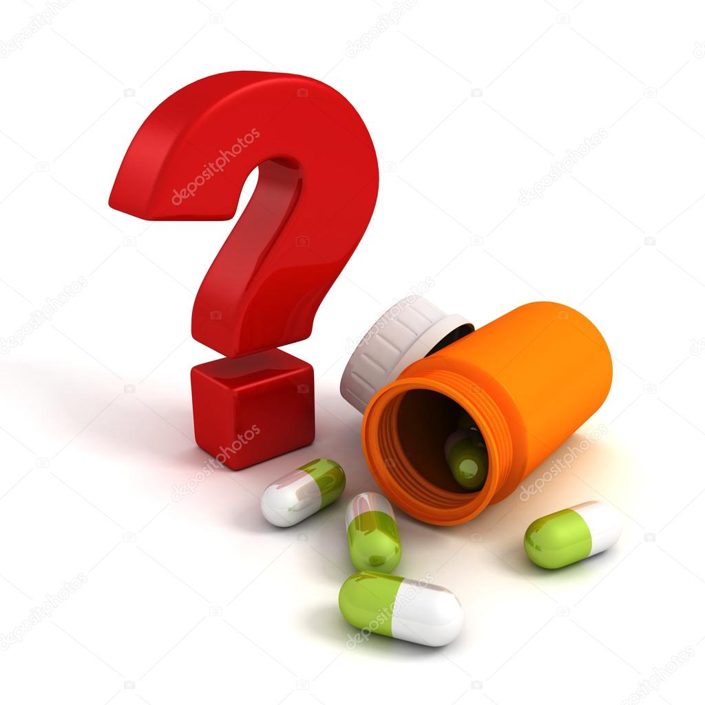 Red question mark next to open pill bottle