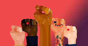 A line of five fists of different skin tones, raised against a red background.