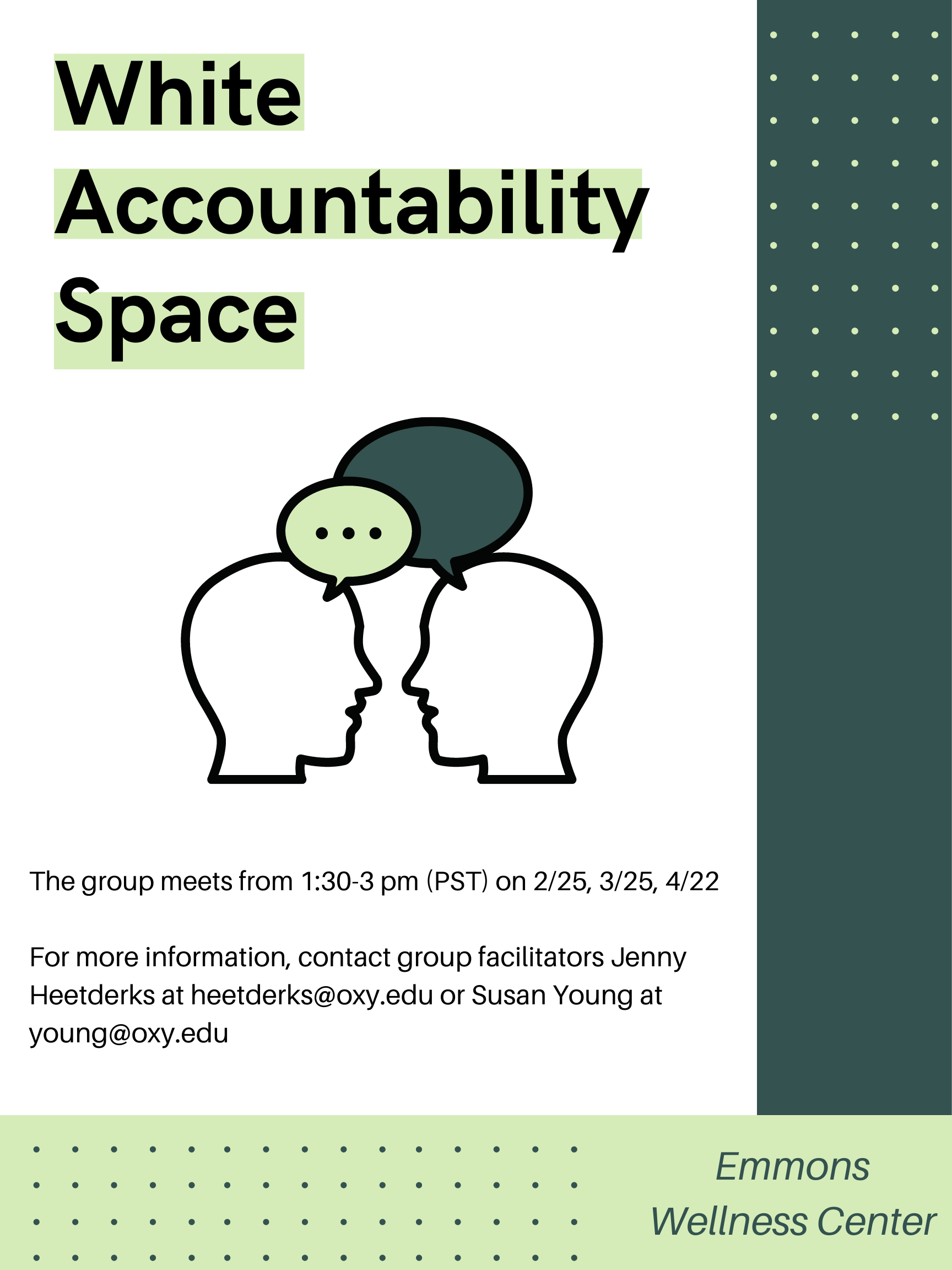 white accountability space flyer describing meeting times, dates, and contact info