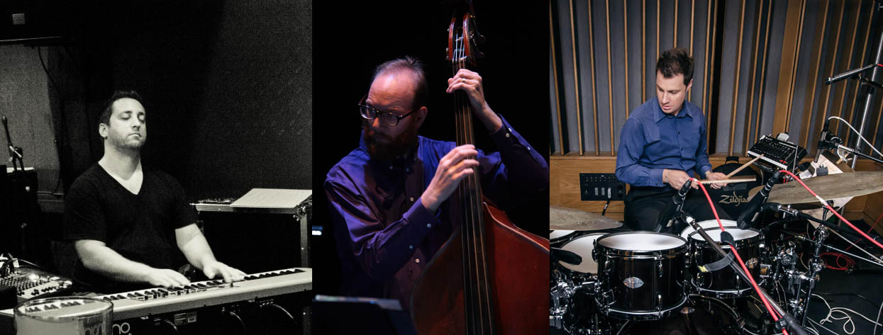 A collage of Oxy Instructors Matt Weisberg, Dave Tranchina, and Jamey Tate playing their instruments