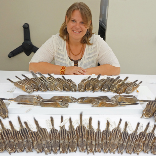 Photo of Kayce Bell with chipmunk specimens