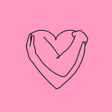 Pink background, black shape of hands holding themselves in the shape of a heart