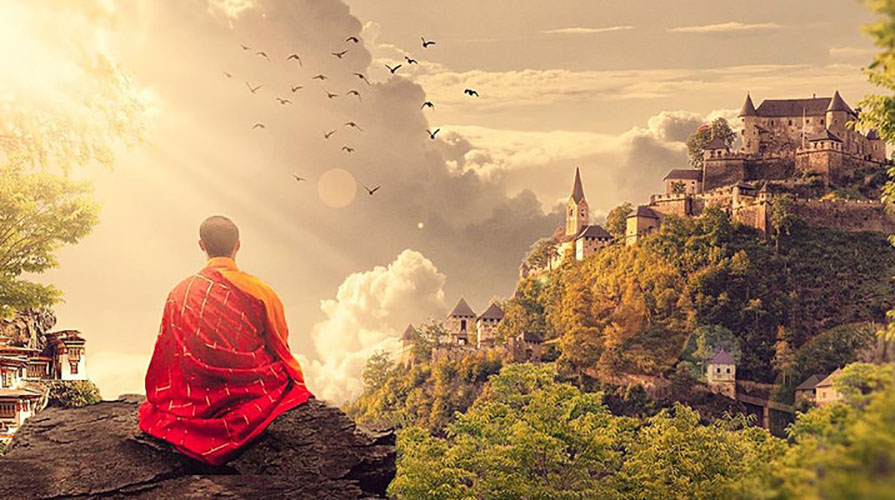 A monk meditates on a mountain top in front of a distant temple surrounded by a peaceful landscape of birds and trees