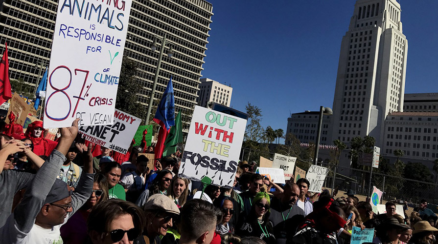 Climate change protestors march in downtown Los Angeles