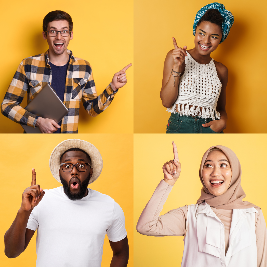 First-Gen Student Reception 4 people in pointing with 1 finger on yellow backgrounds