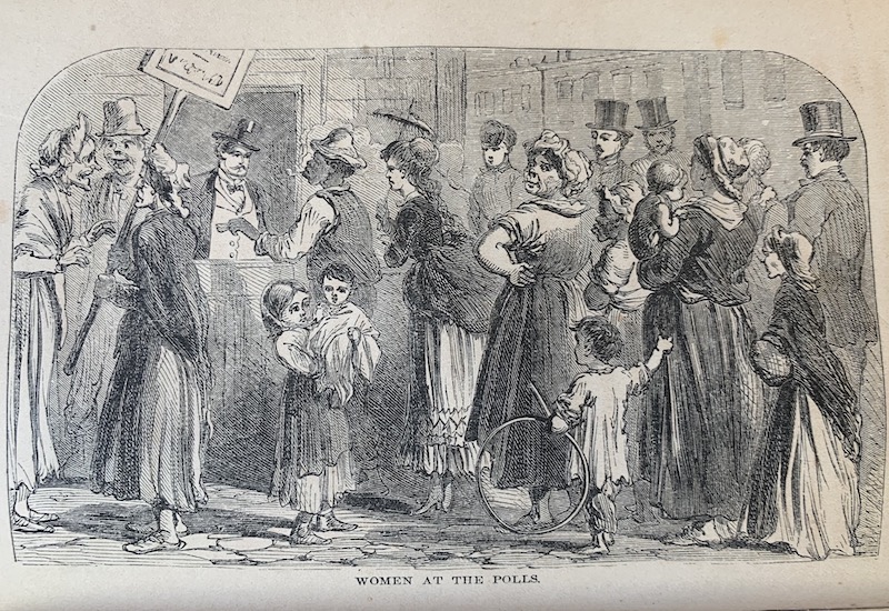 Line drawing depicting women at the polls, circa 19th century