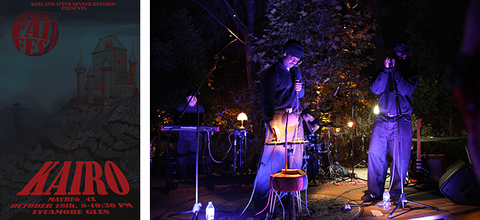 KOXY Occidental (Oxy) left panel: event flyer; right panel: performers playing drums, keyboards and singing on a stage