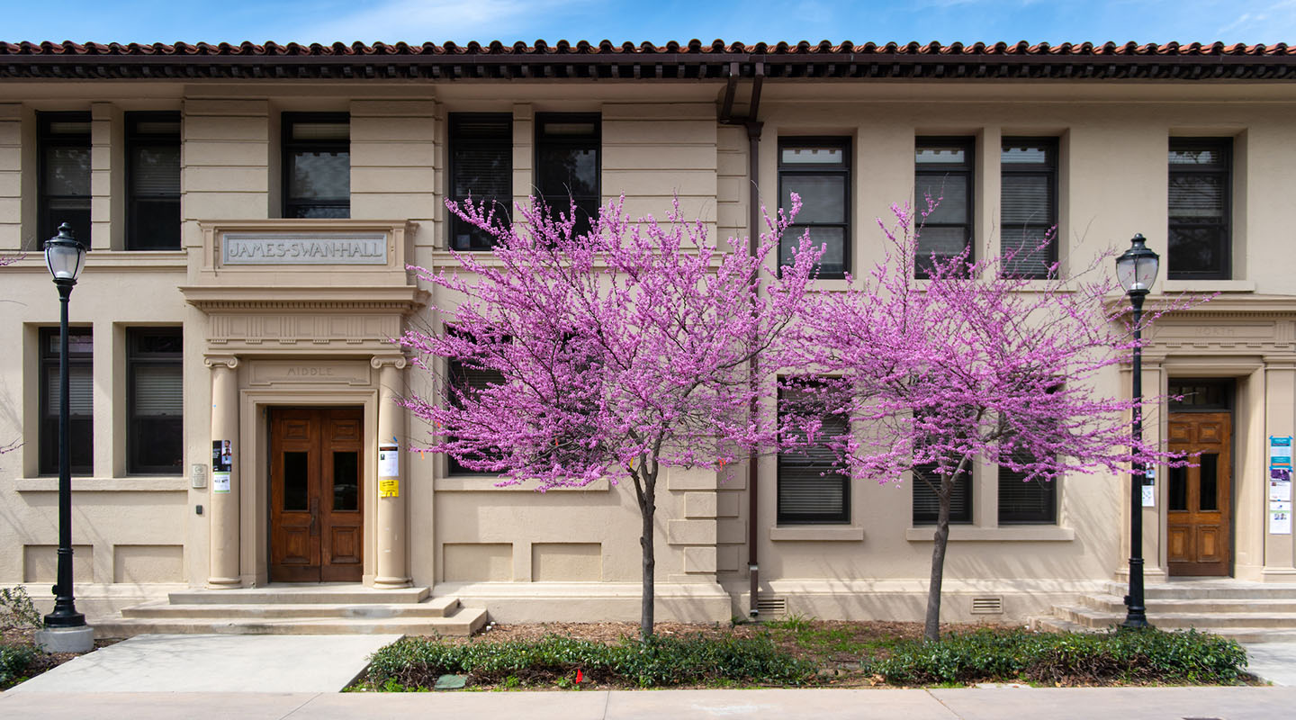 Swan Hall with flowering trees
