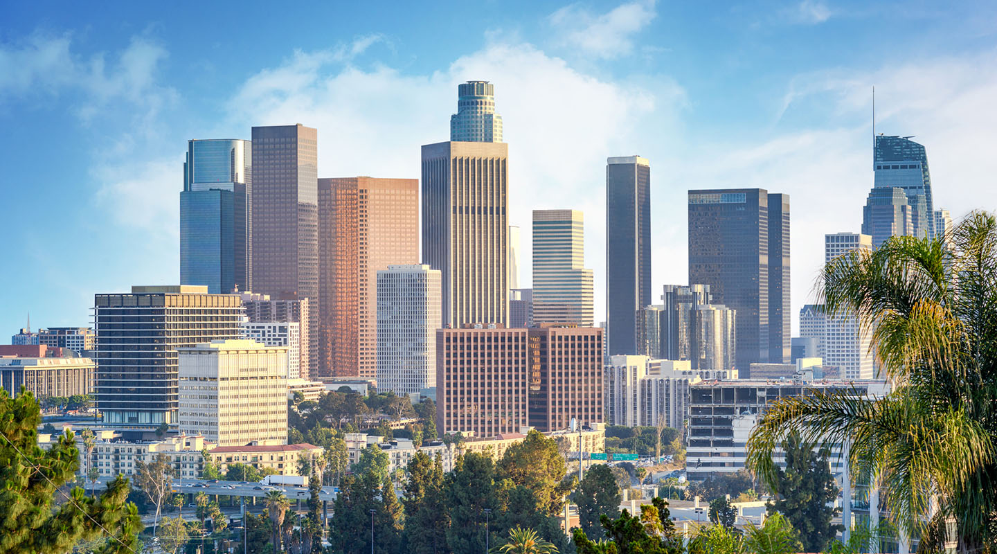 A photo of downtown los angeles skyline by daylight. Occidental College is just northeast of downtown Los Angeles.