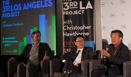 Jan Lin, right, speaks on a panel titled “Post-Immigrant Los Angeles” at the Line Hotel in Koreatown on February 18, 2015. Los Angeles Times architecture critic Christopher Hawthorne, far left, moderated the event as part of Occidental’s Third Los Angeles Project series.