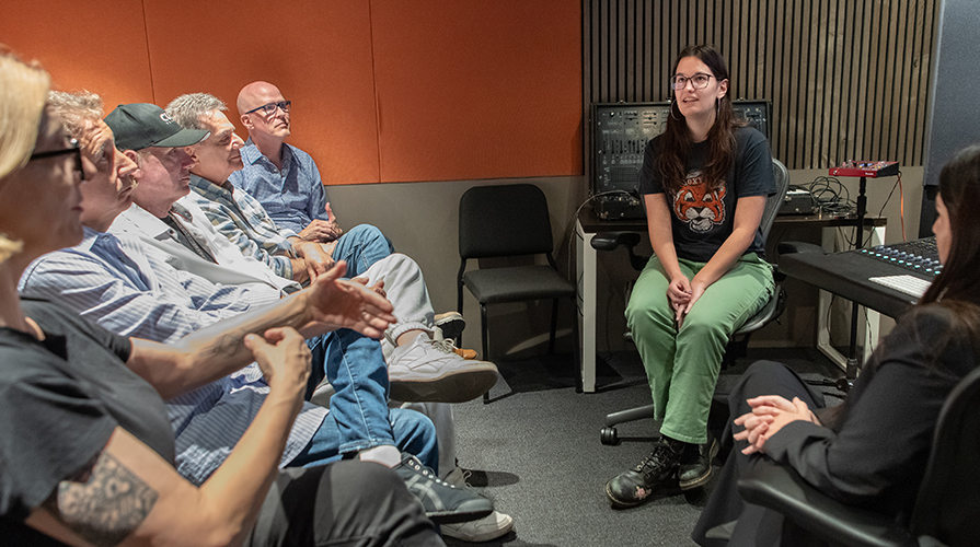Kawena Jacobs '26 presents her music to an industry panel at Occidental College on April 20, 2026.