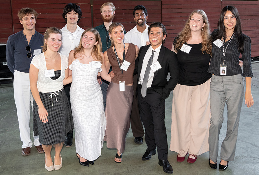 Occidental’s 10 LA Phil interns gathered at the Hollywood Bowl on July 30. Front row, l-r: Molly Malin ’27, Paloma Campi ’28, Isabel Yaffe ’27, Zachary Lipsett ’27, Sophie Folger ’27, and Penelope Jia ’27 (marketing and digital). Back row: Matheo Cousin ’28, Kai Frazier ’28, Mason Chesser ’27, and Nilaksh Iyer ’28.