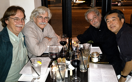 From left, Denny Zane '69, Rex Weyler '70, Professor of Philosophy Emeritus Bill Neblett, and Jan Lin at Upper West restaurant in Santa Monica in September 2013.