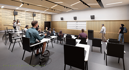 Architect's rendering of a new music classroom in the renovated Booth Hall, scheduled for completion in spring 2027. (Image courtesy nonzero\architecture)