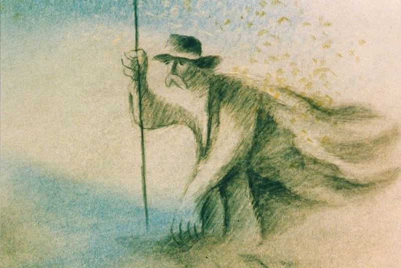 screenshot from The Man Who Planted Trees screenshot from The Man Who Planted Trees, depicting a drawing of a man in windswept plains