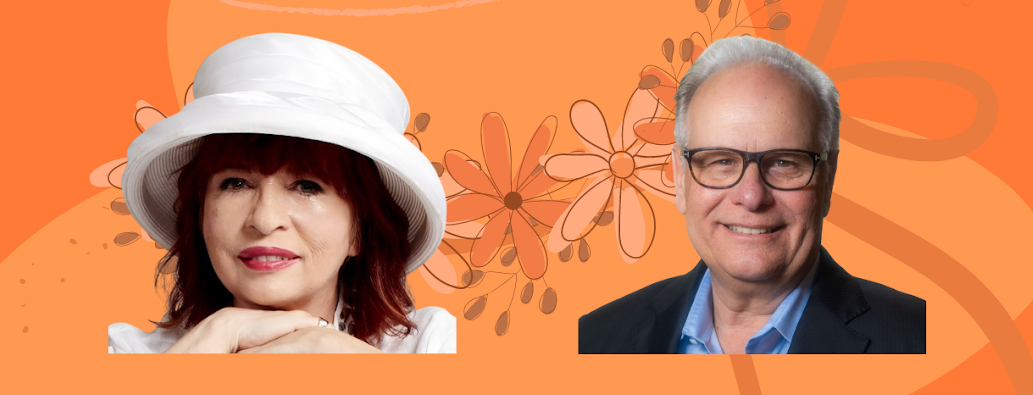 Patt Morrison and Larry Mantle headshots on an orange background