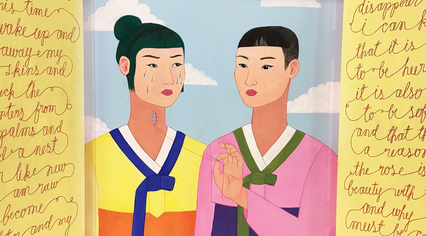 A painting by AB Choi showing two Asian women colorfully dressed standing together
