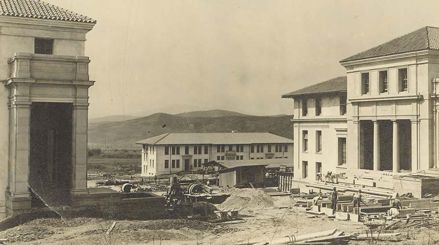 A photo from the Occidental College archives of the campus under construction