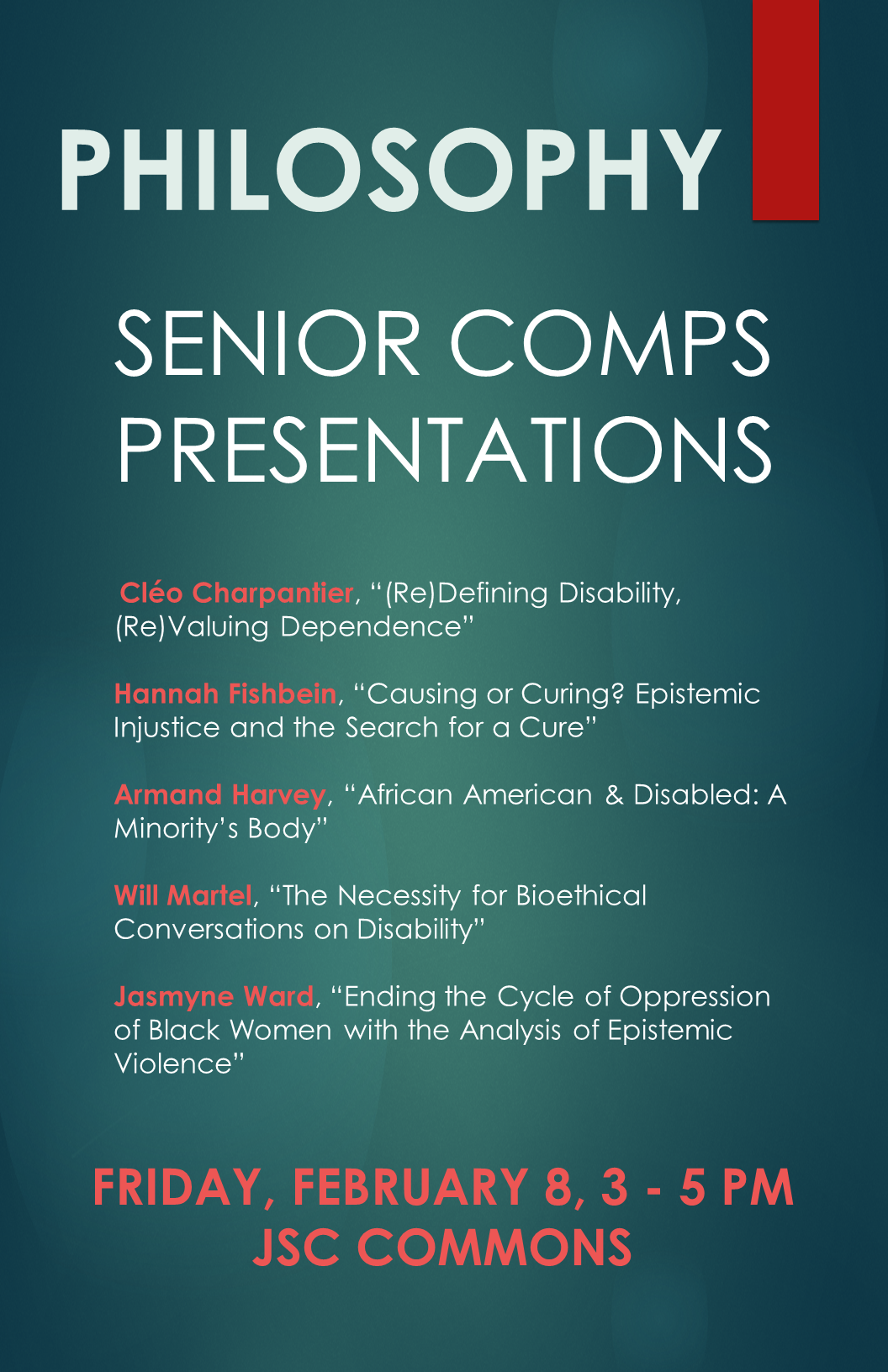 Senior Comps poster with list of students presenting