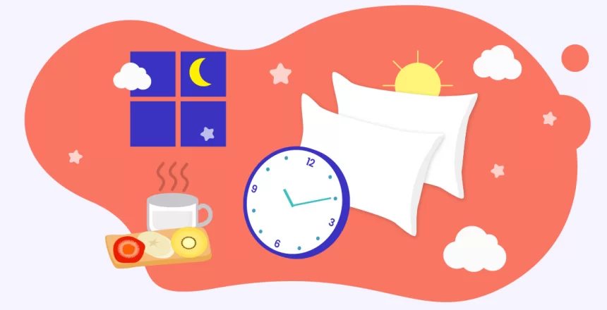 a cartoon image of sleep items like pillows and an alarm clock