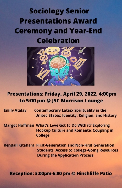 Sociology Senior Presentations Friday, April 29, 2022, 4:00pm-5:00pm @ JSC Morrison Lounge 