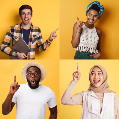 4 people in pointing with 1 finger on yellow backgrounds