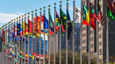 UN Headquarters in NYC, with int'l flags