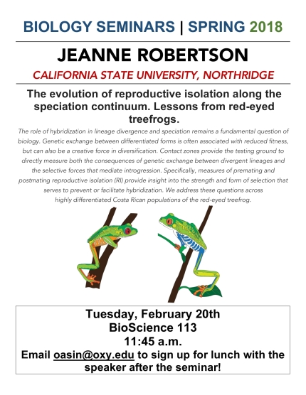 Image for Jeanne Robertson: The evolution of reproductive isolation along the speciation continuum. Lessons from red-eyed treefrogs.