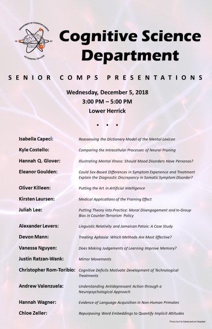 Senior Comps poster with list of students presenting