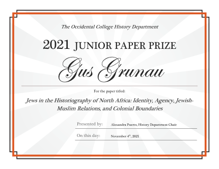 Image of award certificate for the junior paper prize