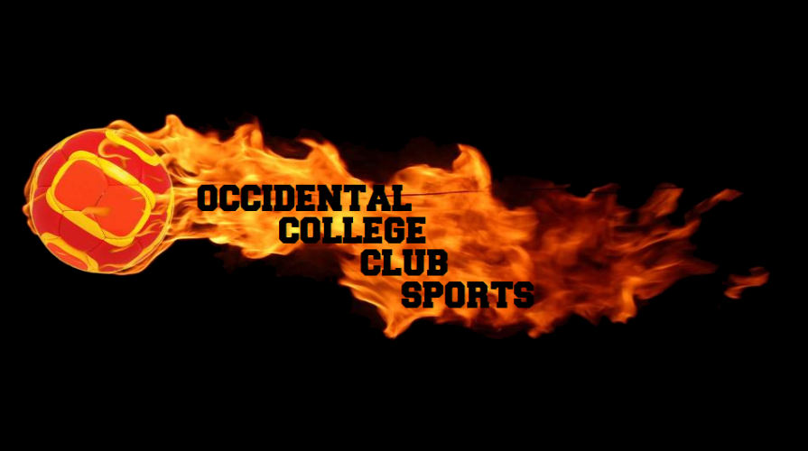 a flaming volleyball with the words Occidental College Club Sports behind it