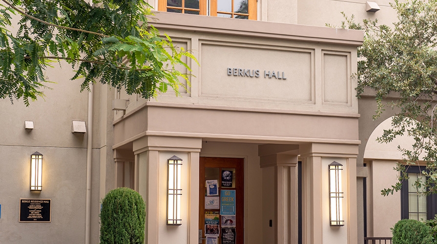 A shot of the main entrance of Berkus Hall