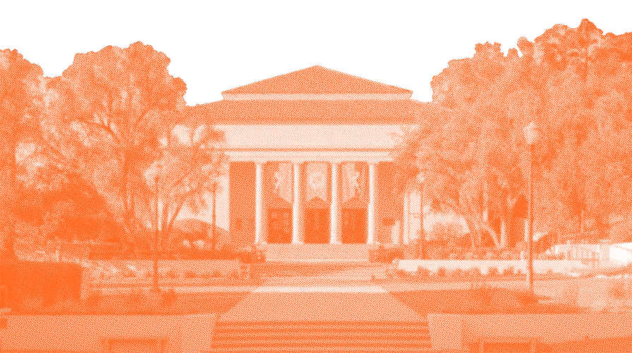 an orange duotone depicting Thorne Hall on campus