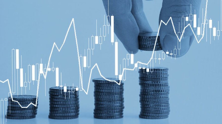 an abstract image of a financial growth graph and stacks of coins of different heights