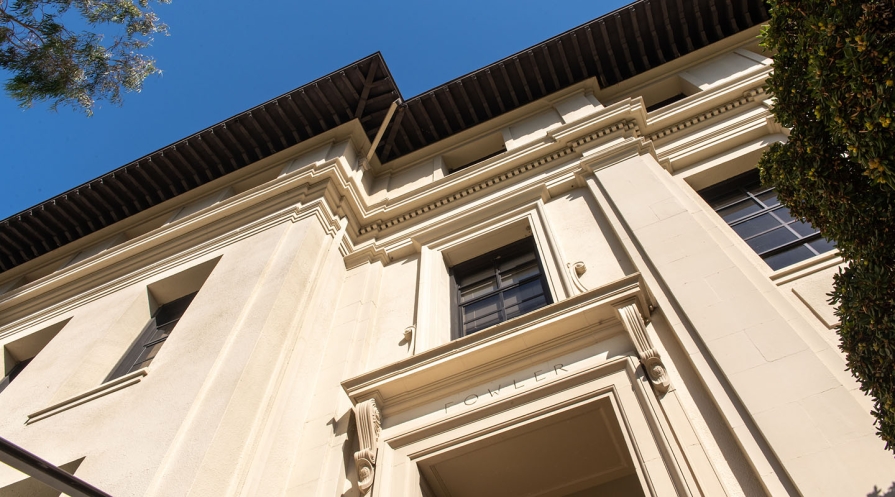 An upward view of Fowler Hall on the Occidental College campus