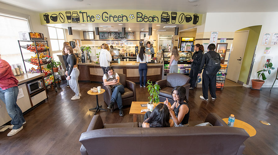 The Green Bean coffee shop on the Occidental College campus, filled with studying students