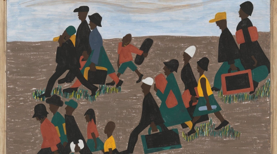 Groups of Black families walking with suitcases and bags (migration)