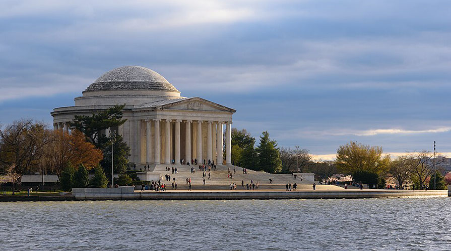 The Jefferson Memorial building along the river in Washington, DC