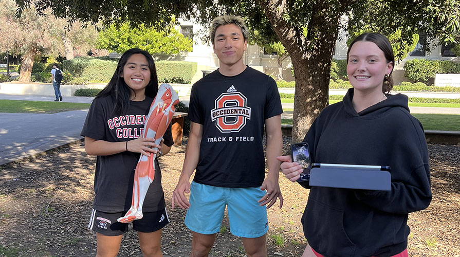 Three Occidental kinesiology students in front of an info fair table holding a plastic model of a leg