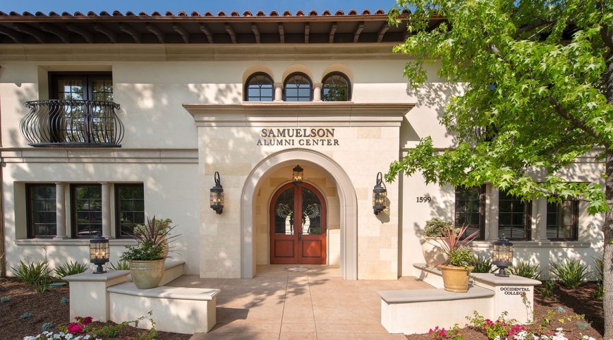 A frontal view of the Samuelson Guest House on campus